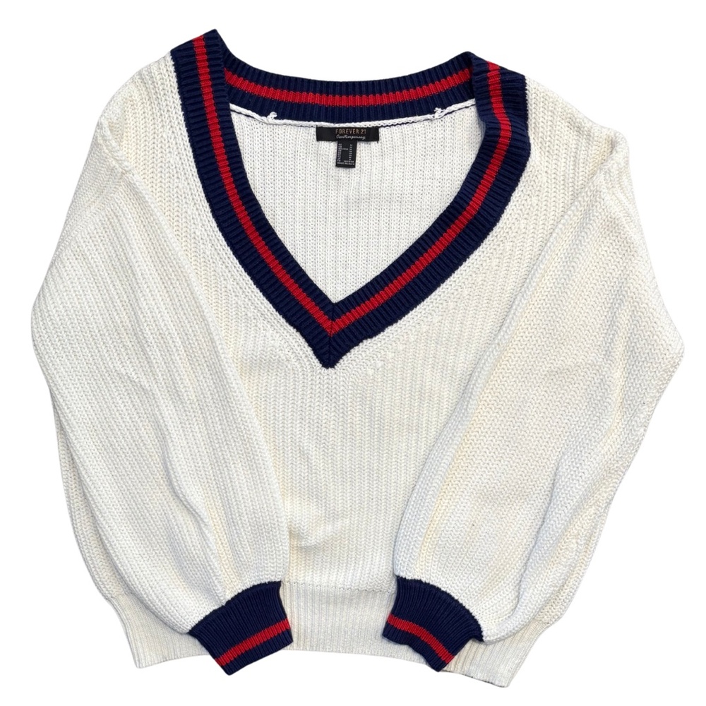Preppy Knit Sweater V-Neck Cream White Stripe Red Blue Cropped Size M Forever 21